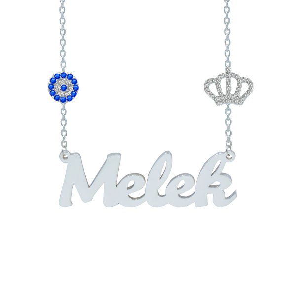 Gümüş Beyaz Taş Taçlı Nazarlıklı İsimli Kolye