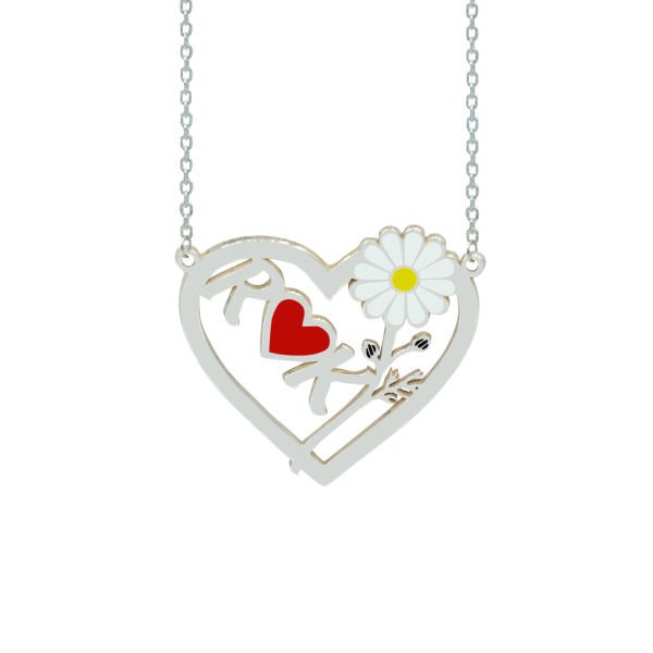 Gümüş Kalpli Tasarım Harfli Papatya Kolye