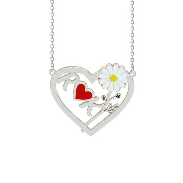 Gümüş Kalpli Tasarım Harfli Papatya Kolye