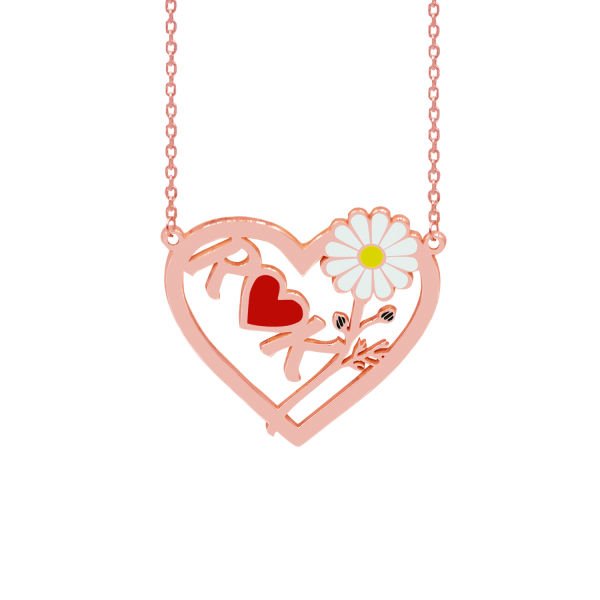 Gümüş Kalpli Tasarım Harfli Papatya Kolye