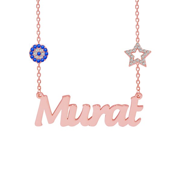 Gümüş Yıldızlı Nazar Boncuklu İsimli Kolye