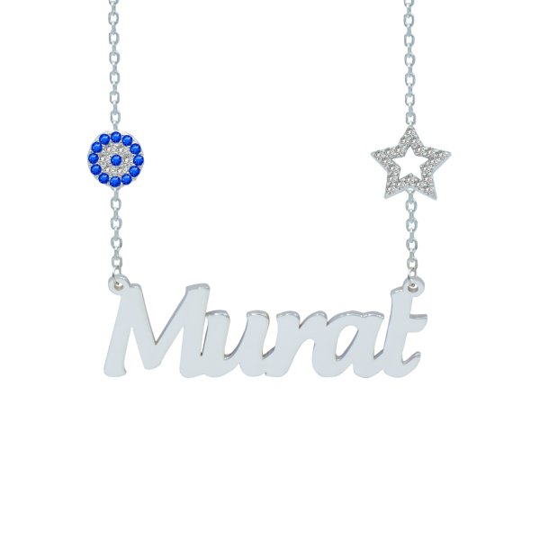 Gümüş Yıldızlı Nazar Boncuklu İsimli Kolye