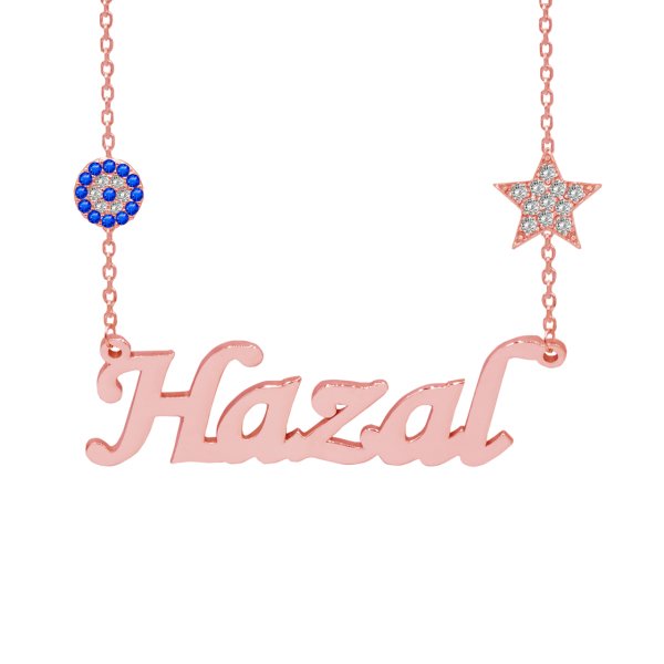Gümüş Beyaz Taş Yıldızlı Nazarlı İsimli Kolye