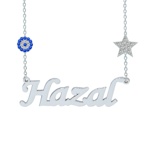 Gümüş Beyaz Taş Yıldızlı Nazarlı İsimli Kolye