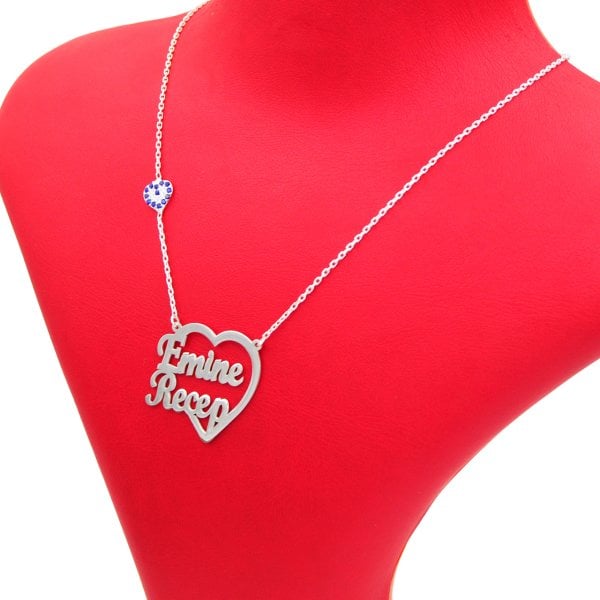 Gümüş Nazar Boncuklu Kalpli İki İsimli Kolye