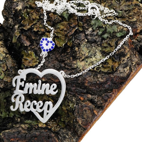 Gümüş Nazar Boncuklu Kalpli İki İsimli Kolye