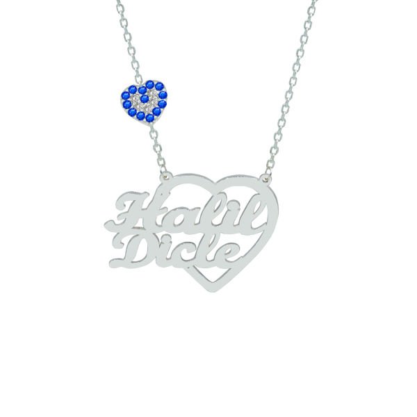 Gümüş Nazar Boncuklu Kalpli İki İsimli Kolye