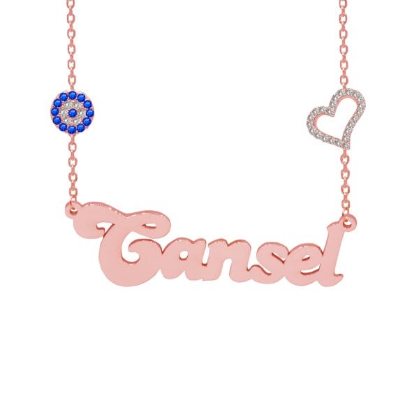 Gümüş Taşlı Kalp Nazar Boncuklu İsimli Kolye