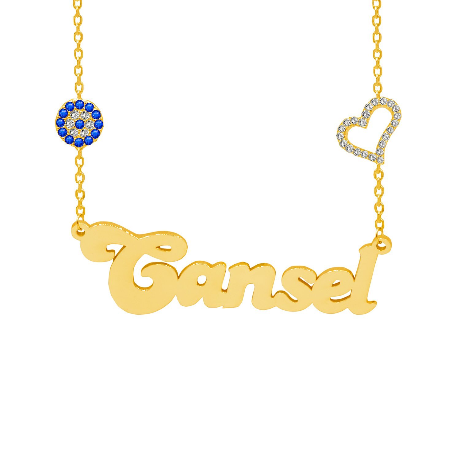 Gümüş Taşlı Kalp Nazar Boncuklu İsimli Kolye