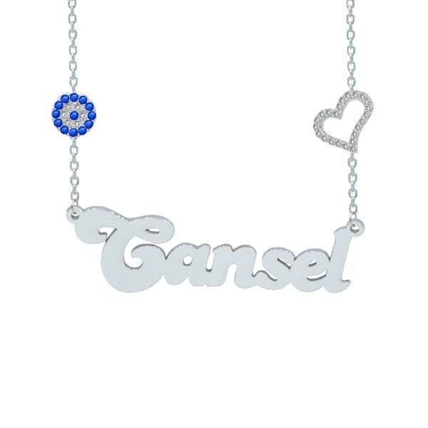 Gümüş Taşlı Kalp Nazar Boncuklu İsimli Kolye