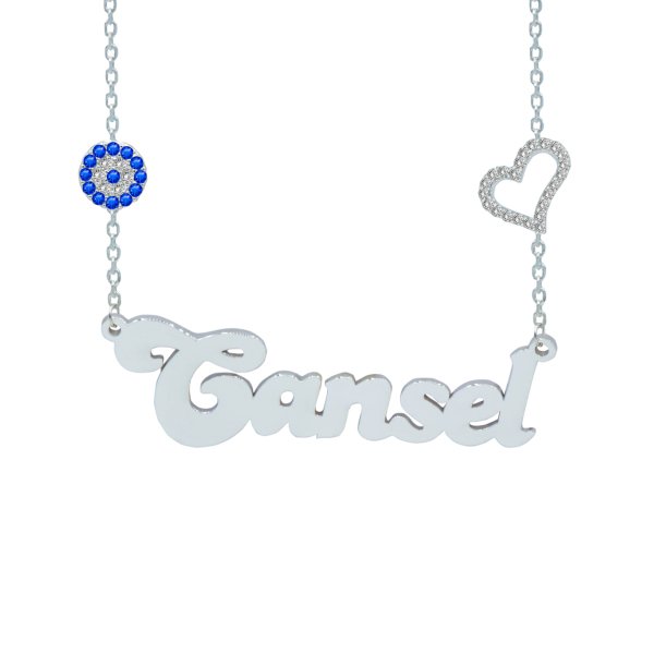 Gümüş Taşlı Kalp Nazar Boncuklu İsimli Kolye