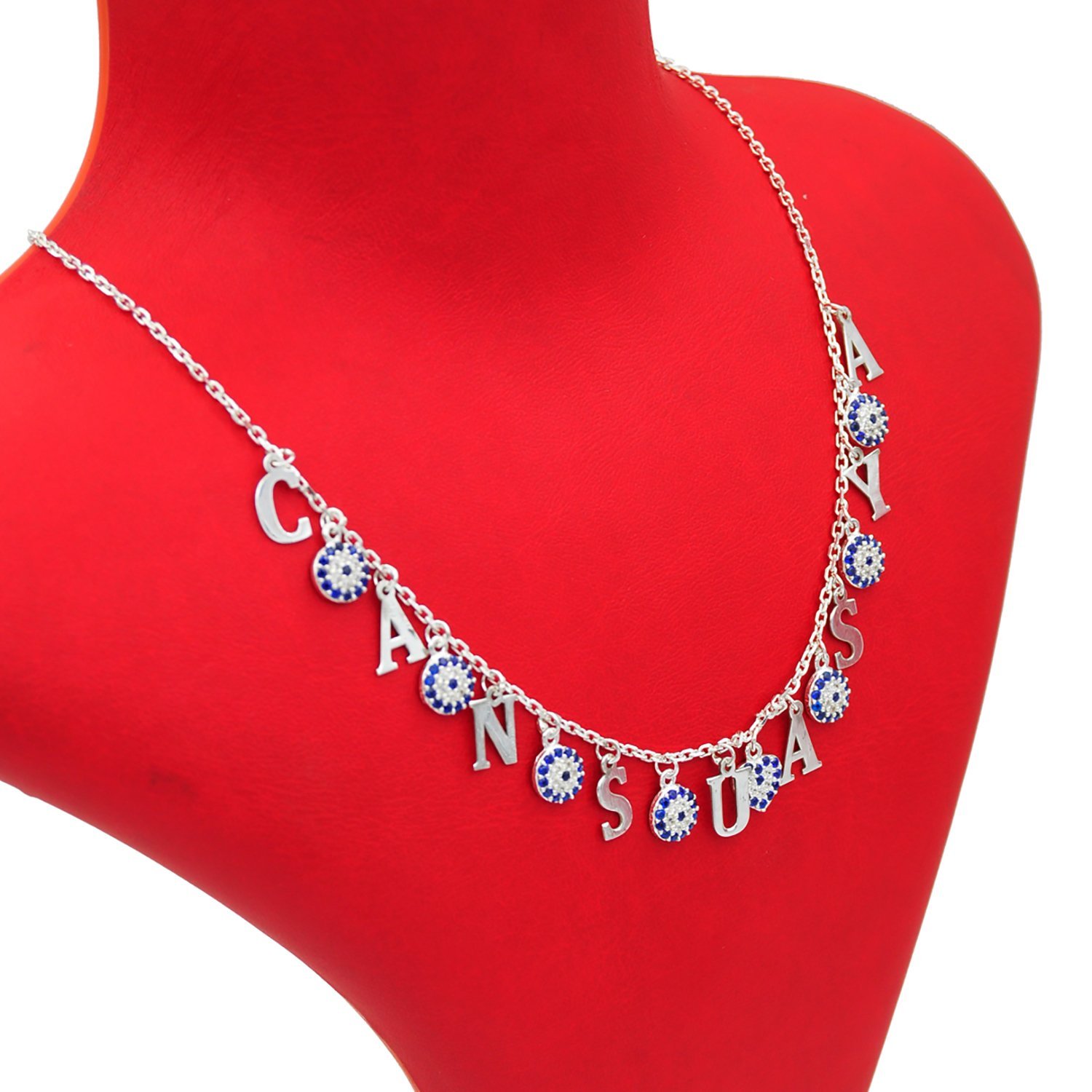 Gümüş Özel Tasarım Nazarlı Harfli Şans Kolyesi