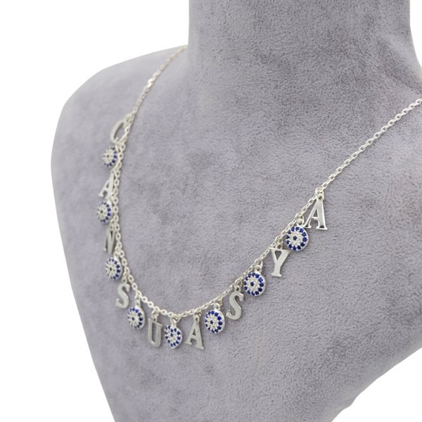 Gümüş Özel Tasarım Nazarlı Harfli Şans Kolyesi