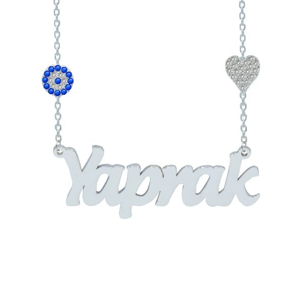 Gümüş Kalpli Nazar Boncuklu İsimli Kolye