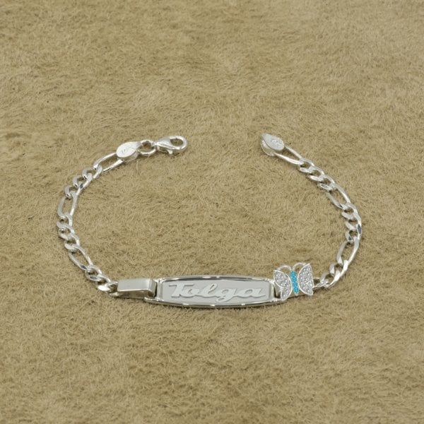 Gümüş Plaka Kelebekli İsimli Çocuk Bileklik