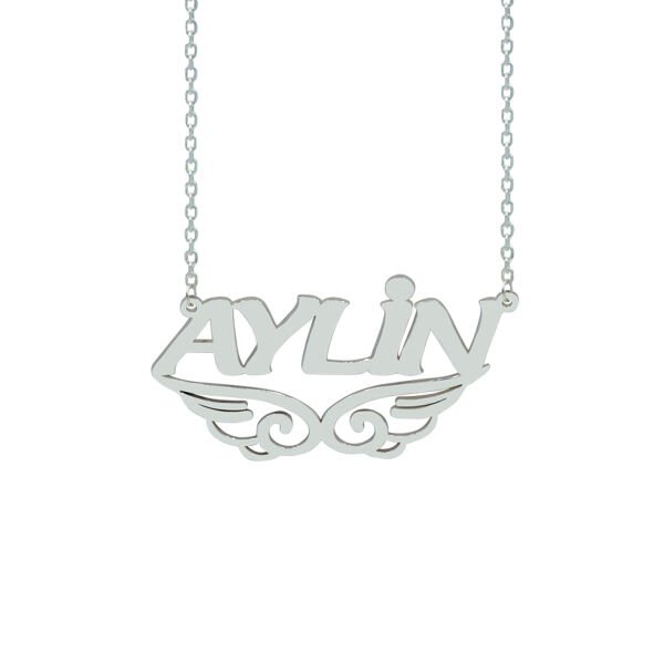 Gümüş Melek Kanat Kalpli Altı Desenli İsimli Kolye