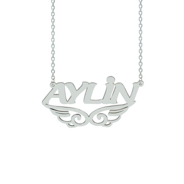 Gümüş Melek Kanat Kalpli Altı Desenli İsimli Kolye