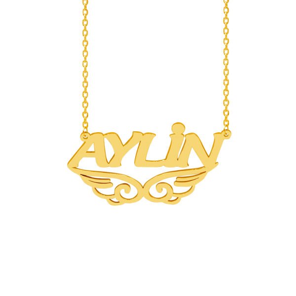 Gümüş Melek Kanat Kalpli Altı Desenli İsimli Kolye