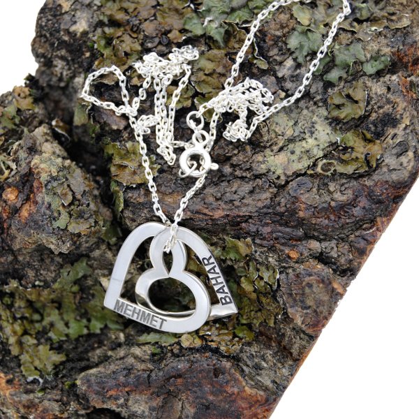 Gümüş Özel Tasarım 2 Kalpli İsimli Kolye