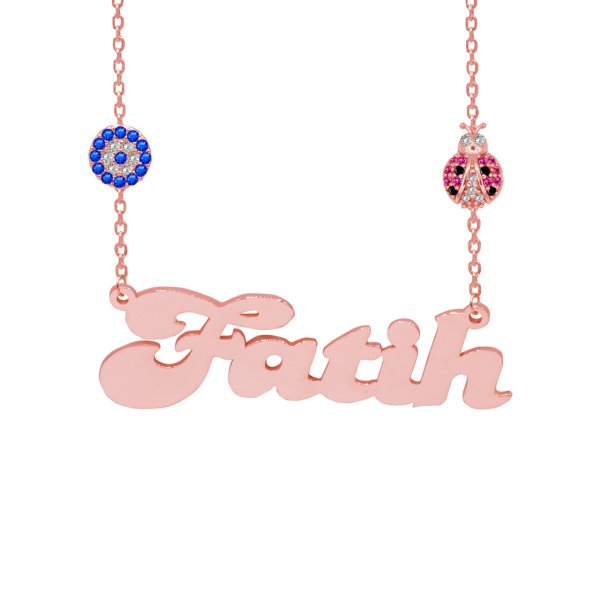 Gümüş Uğur Böcekli Nazar Boncuklu İsimli Kolye