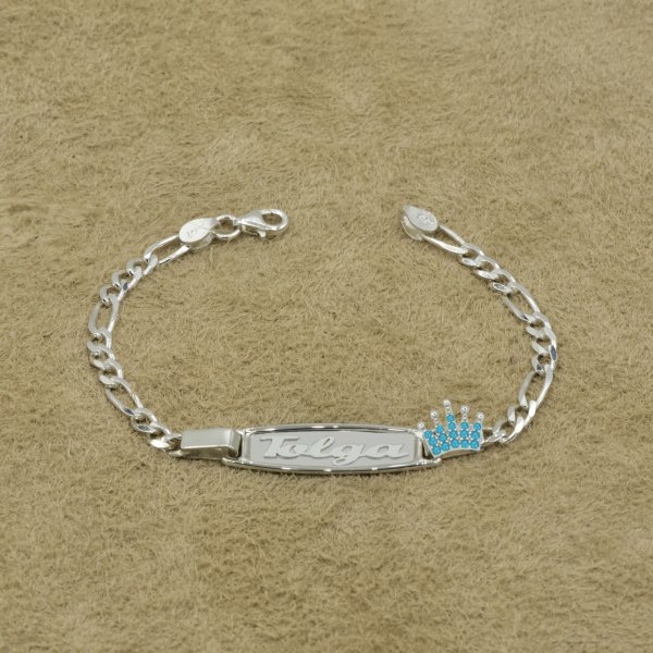 Gümüş Plaka Taçlı İsimli Çocuk Bileklik