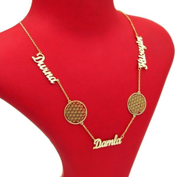 Gümüş Yaşam Çiçeği Tasarımlı 3 İsimli Kolye