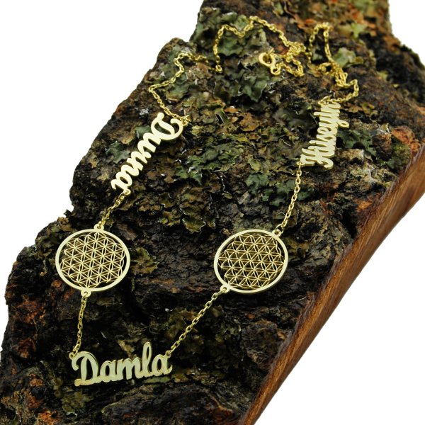 Gümüş Yaşam Çiçeği Tasarımlı 3 İsimli Kolye