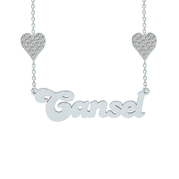 Gümüş Zinciri Taşlı Çift Kalpli İsimli Kolye