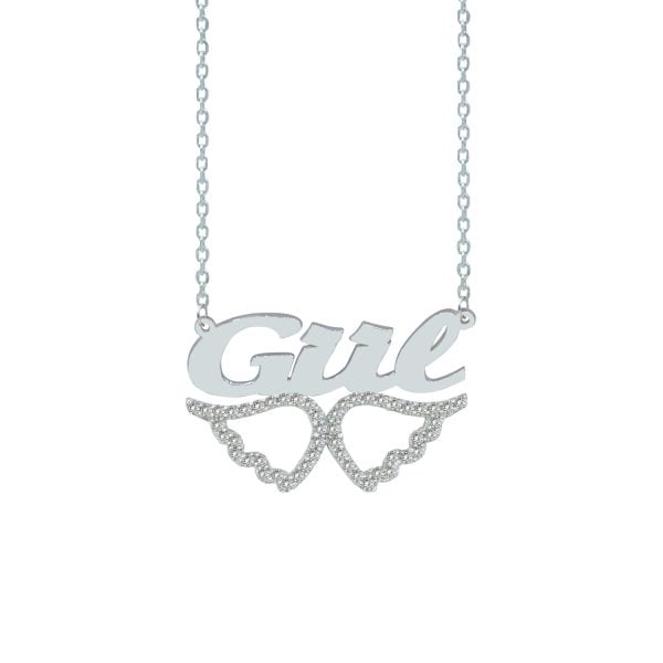 Gümüş Taşlı Melek Kanat Üstü İsimli Kolye