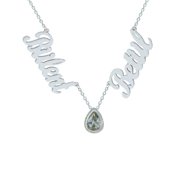 Gümüş Beyaz Taşlı 2 İsimli Aile Kolyesi