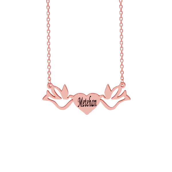 Gümüş Özel Tasarım Kuşlu Kalp İçi İsimli Kolye