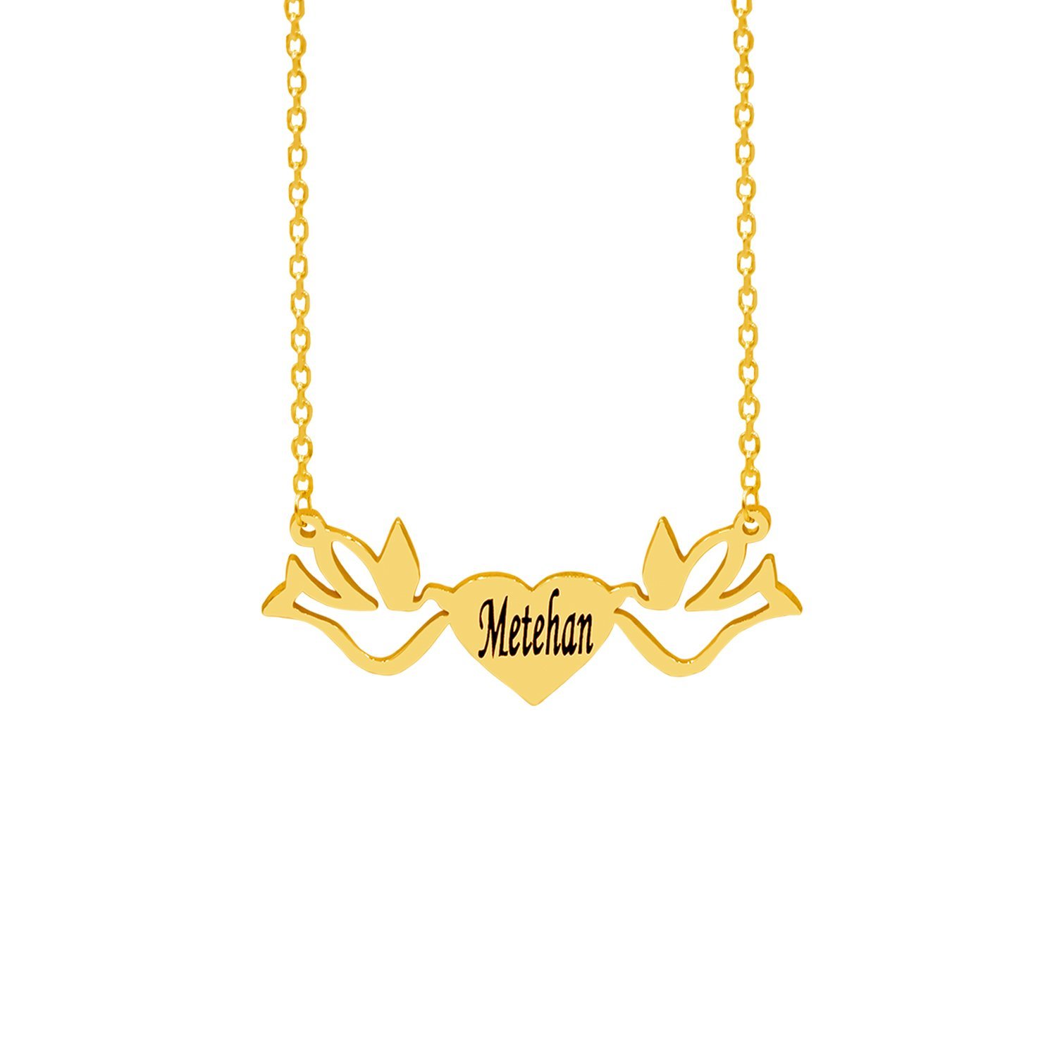 Gümüş Özel Tasarım Kuşlu Kalp İçi İsimli Kolye