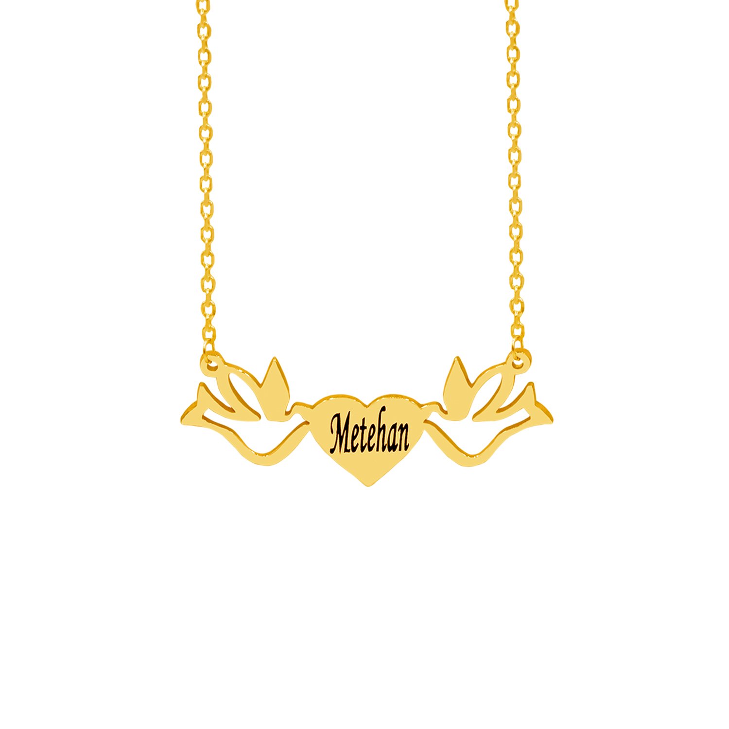 Gümüş Özel Tasarım Kuşlu Kalp İçi İsimli Kolye