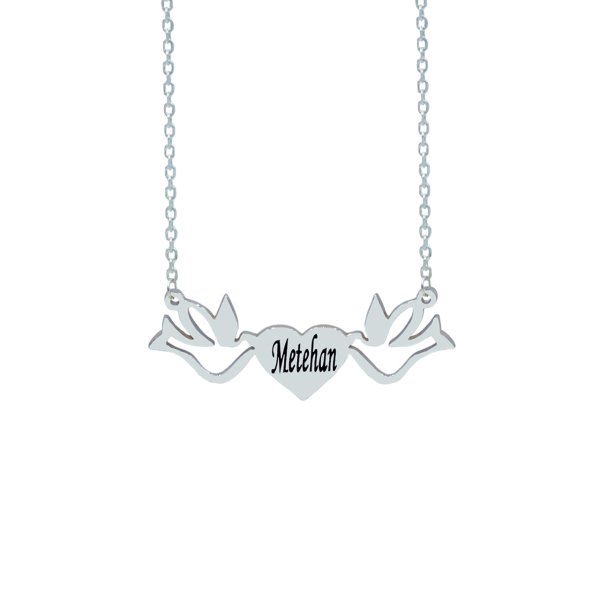 Gümüş Özel Tasarım Kuşlu Kalp İçi İsimli Kolye