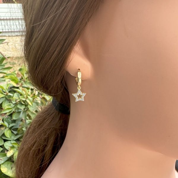 Gümüş Taşlı Yıldız Sallantılı Küpe