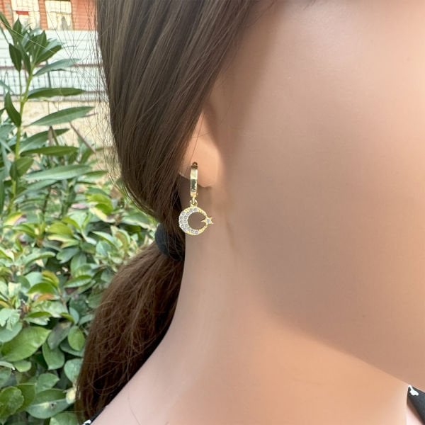 Gümüş Taşlı Ayyıldız Sallantılı Küpe