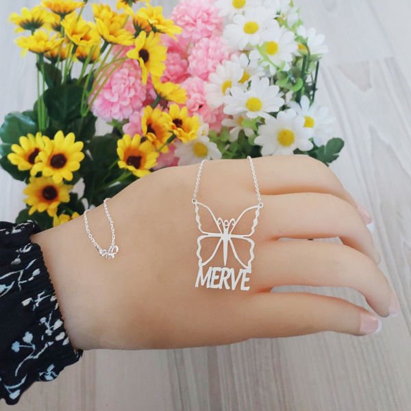 Gümüş Kişiye Özel Kelebek Tasarımlı İsimli Kolye