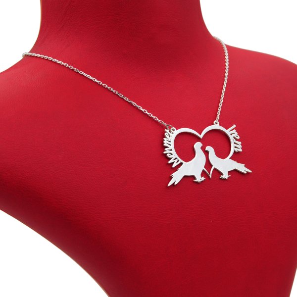 Gümüş Kalpli Kuş Tasarımlı İsimli Kolye