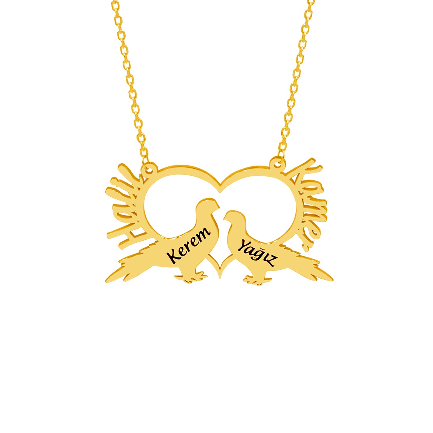 Gümüş Kalpli Kuş Tasarımlı İsimli Kolye