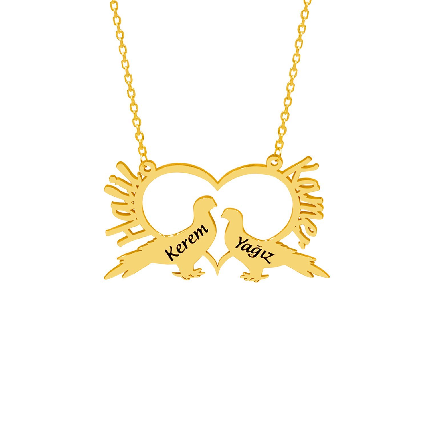 Gümüş Kalpli Kuş Tasarımlı İsimli Kolye