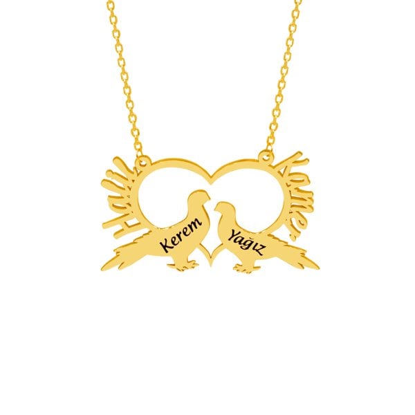 Gümüş Kalpli Kuş Tasarımlı İsimli Kolye