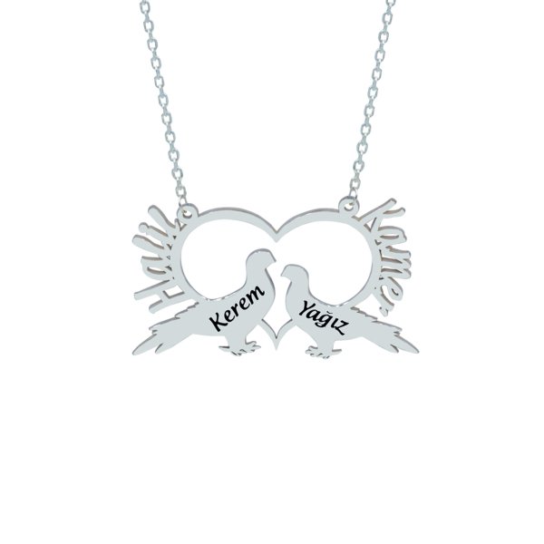 Gümüş Kalpli Kuş Tasarımlı İsimli Kolye