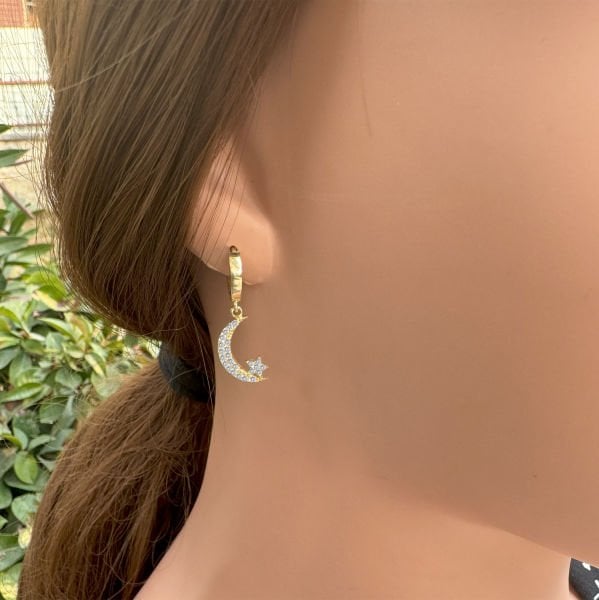 Gümüş Ay Yıldız Sallantılı Küpe