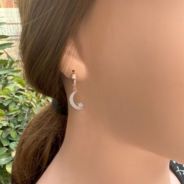 Gümüş Ay Yıldız Sallantılı Küpe