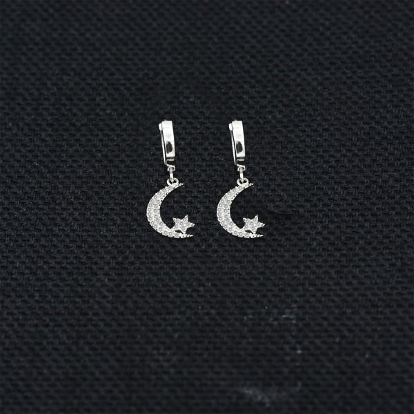 Gümüş Ay Yıldız Sallantılı Küpe