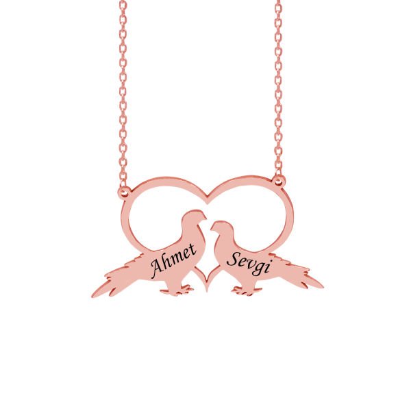 Gümüş Kalpli Kuş Tasarımlı İsimli Kolye