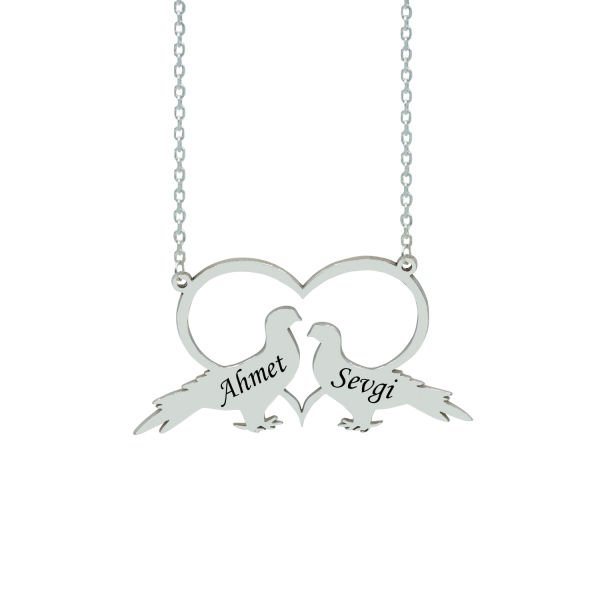Gümüş Kalpli Kuş Tasarımlı İsimli Kolye