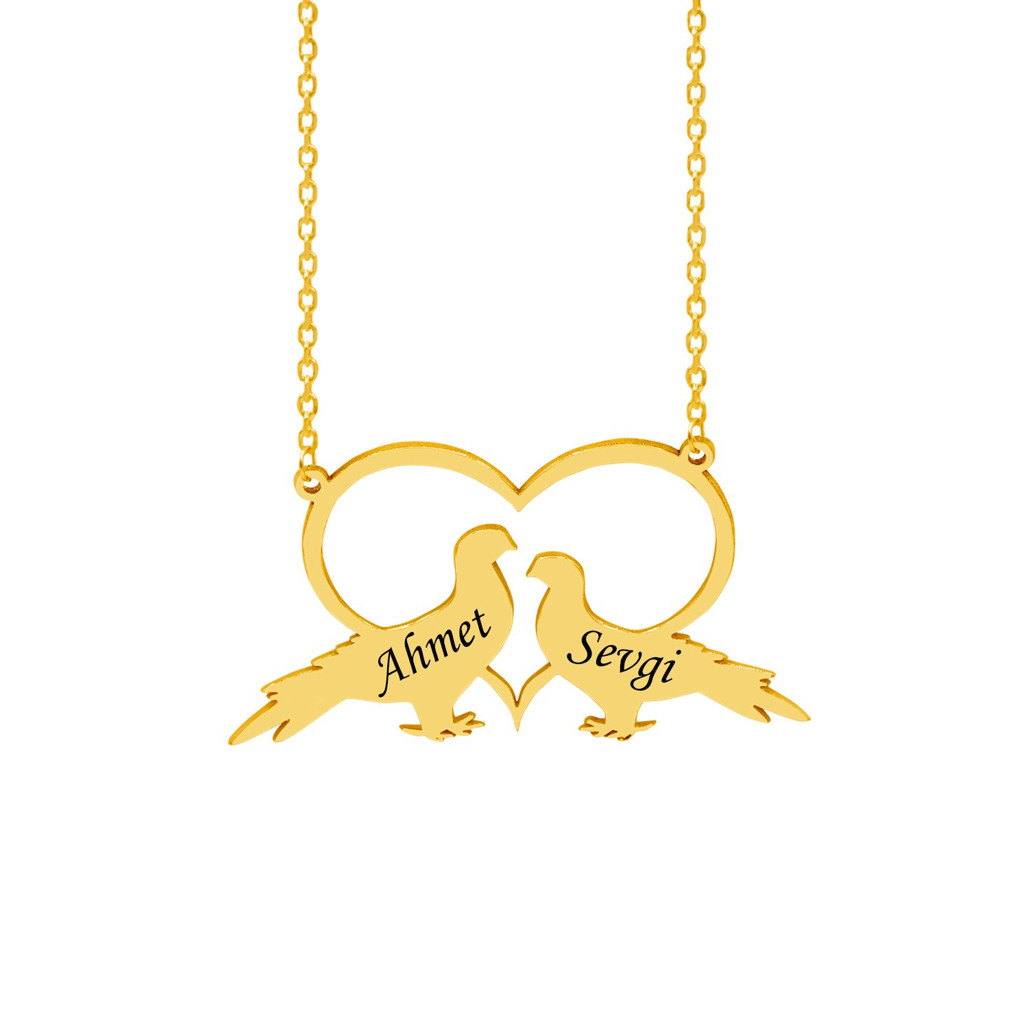 Gümüş Kalpli Kuş Tasarımlı İsimli Kolye