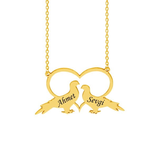 Gümüş Kalpli Kuş Tasarımlı İsimli Kolye