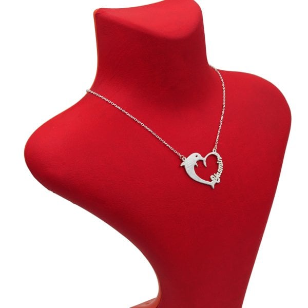 Gümüş Kalpli Yunus Balık Tasarımlı İsimli Kolye